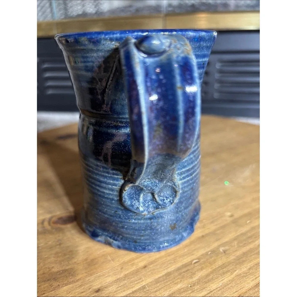 Vintage‎ Handmade Blue Stoneware Mug w/Heart Accent Signed GIFT Rustic Farmhouse